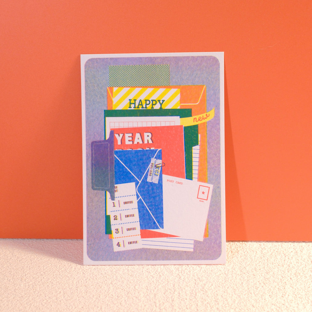 Colorful Paper Motif Postcard – Hidden Happy New Year Clip Design, 4 x 6 in