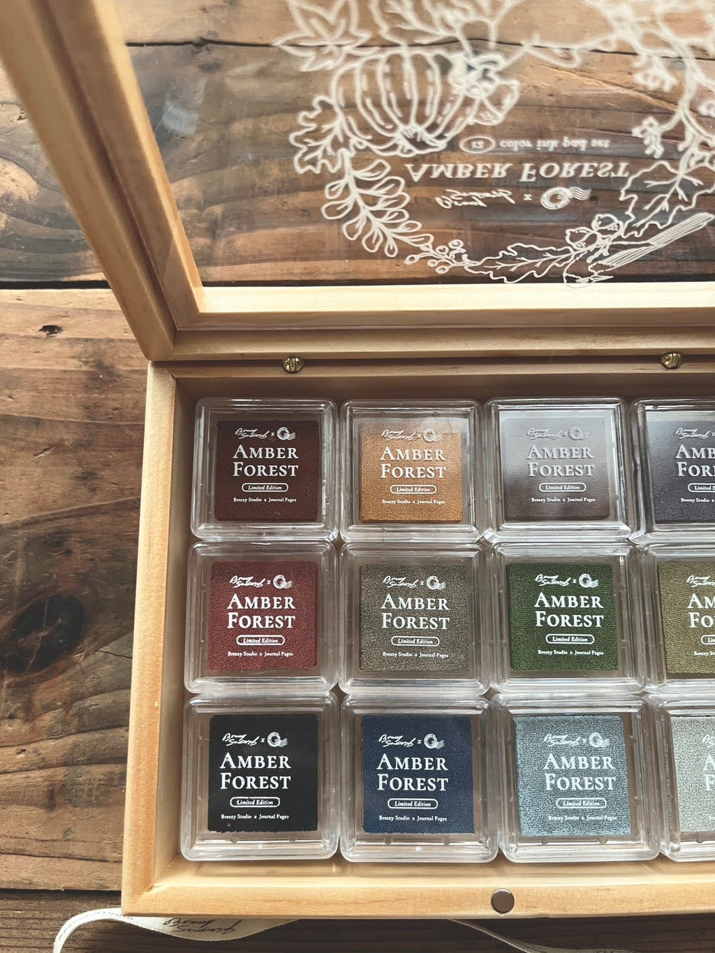 Breezy Studio x Journal Pages Amber Forest 12 Color Water-Based Ink Pad Set with Limited Edition Wooden Box