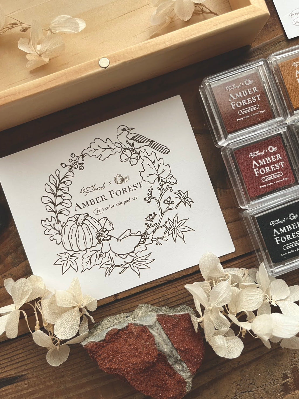 Breezy Studio x Journal Pages Amber Forest 12 Color Water-Based Ink Pad Set with Limited Edition Wooden Box