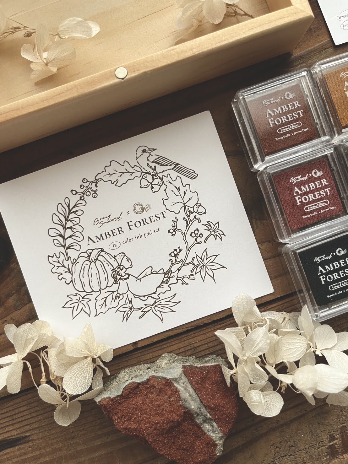 Breezy Studio x Journal Pages Amber Forest 12 Color Water-Based Ink Pad Set with Limited Edition Wooden Box