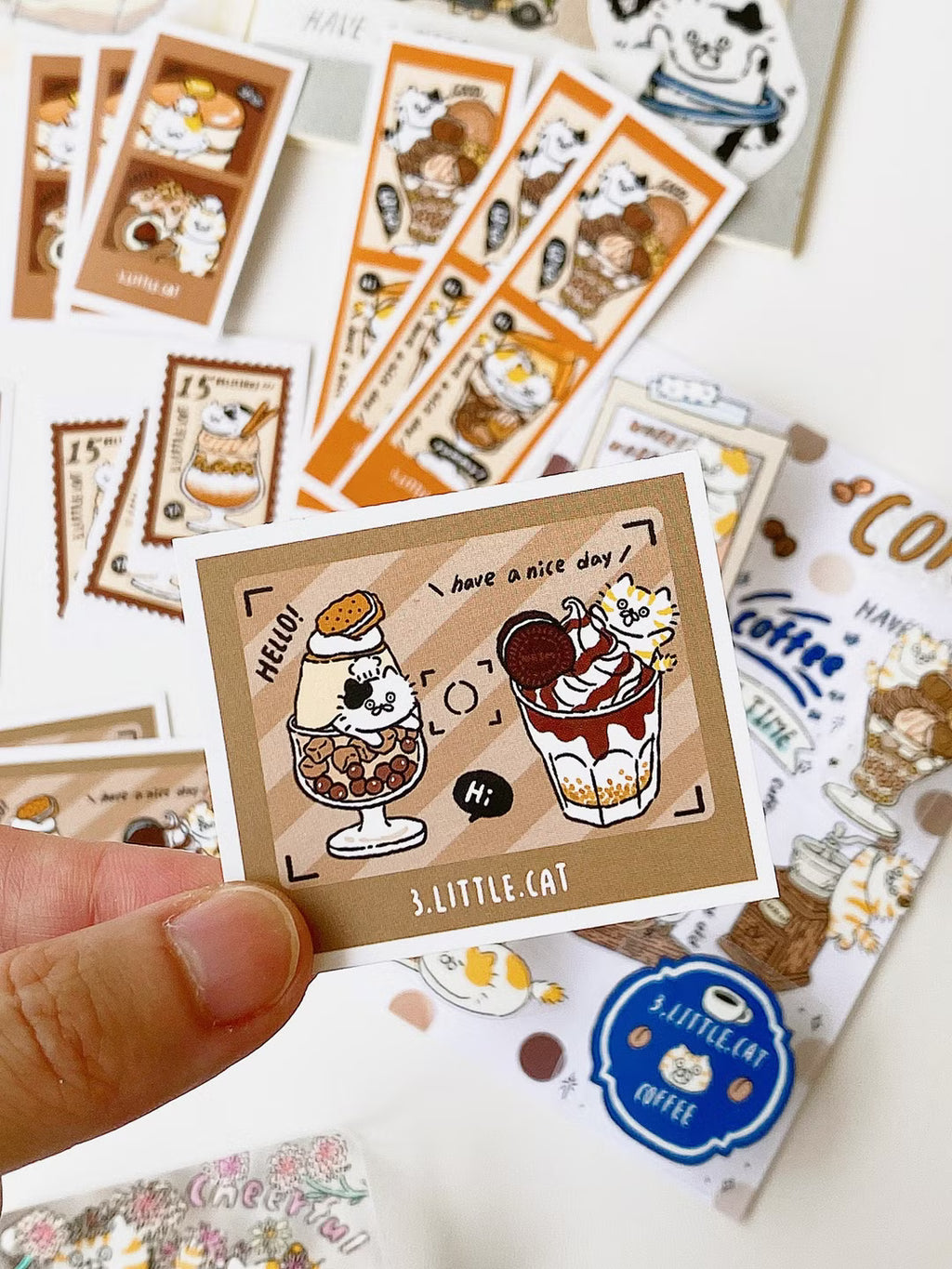 3 Little Cats Parfait Polaroid Sticker Pack – 33 Kawaii Stickers for Journals