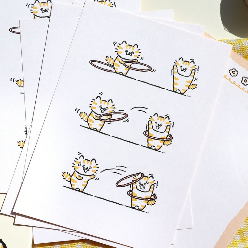 Playful Cat Hula Hoop Postcard – Double-Sided 4.1x5.8in (10.5x14.8cm) Illustration
