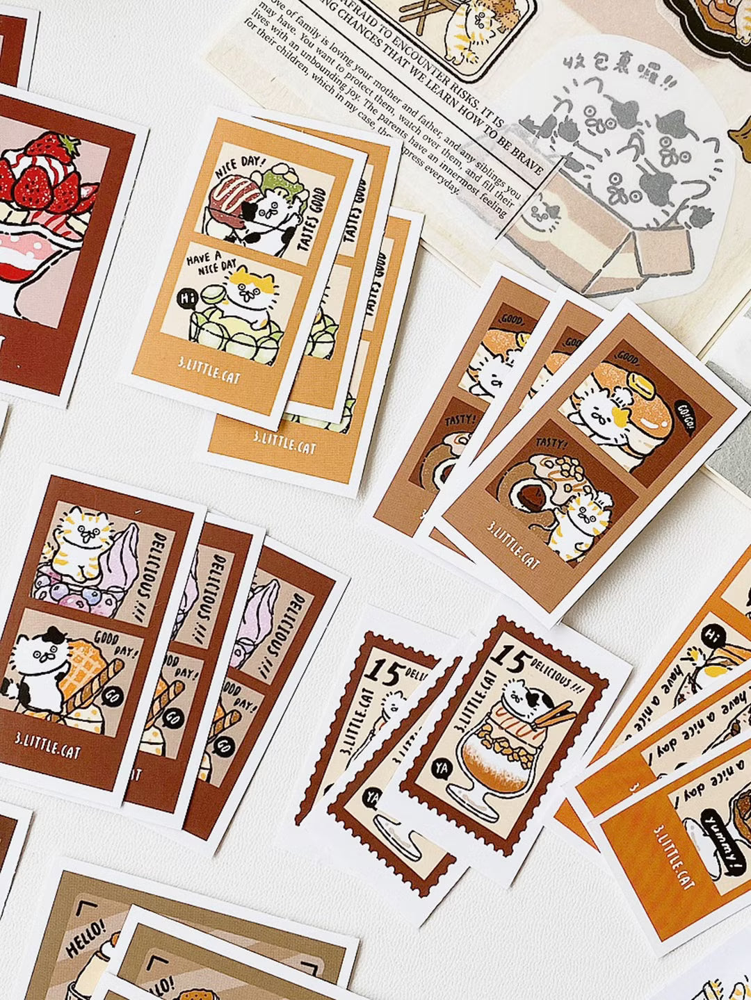 3 Little Cats Parfait Polaroid Sticker Pack – 33 Kawaii Stickers for Journals