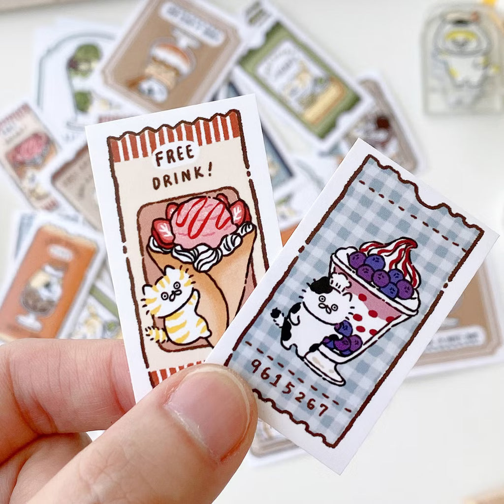 3 Little Cats Bistro Vintage Ticket Sticker Pack – 36 Pcs Journal Stickers