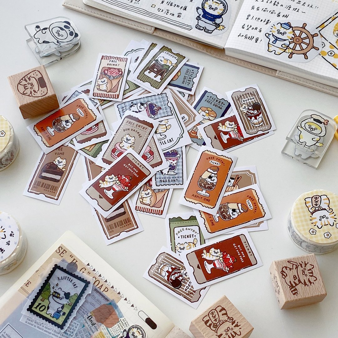 3 Little Cats Bistro Vintage Ticket Sticker Pack – 36 Pcs Journal Stickers