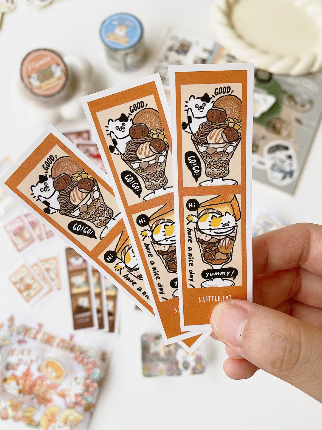 3 Little Cats Parfait Polaroid Sticker Pack – 33 Kawaii Stickers for Journals