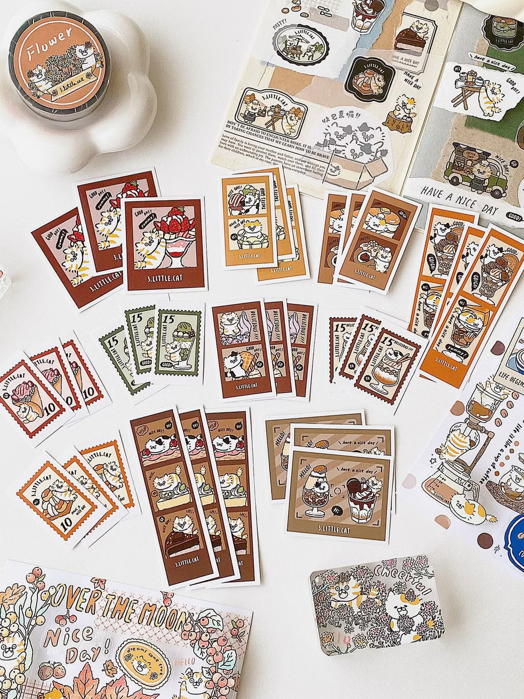 3 Little Cats Parfait Polaroid Sticker Pack – 33 Kawaii Stickers for Journals