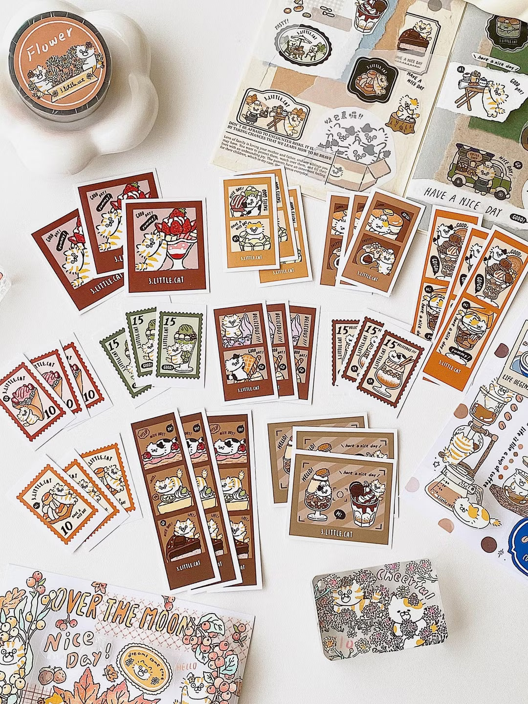 3 Little Cats Parfait Polaroid Sticker Pack – 33 Kawaii Stickers for Journals