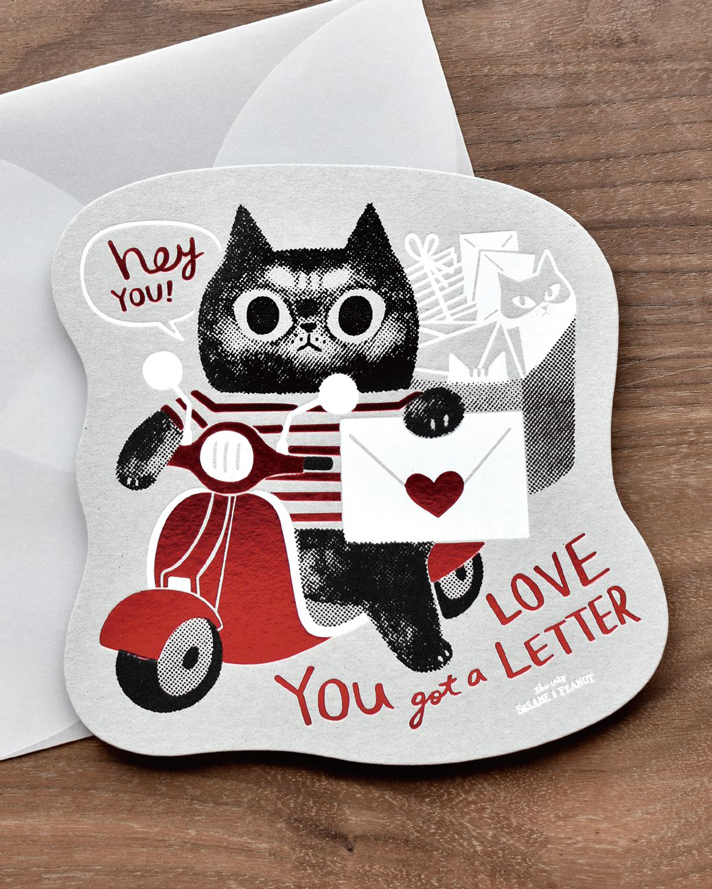 Sesame & Peanut Red Car Love Letter Card – Hand Silkscreen + Gold Foil