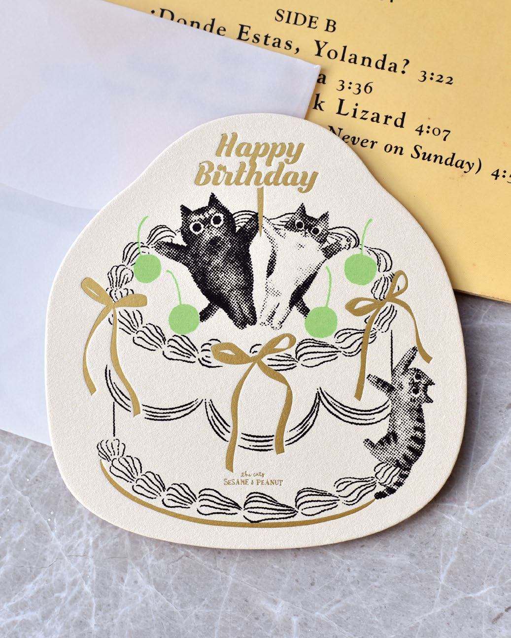 Sesame & Peanut Green Cherry Birthday Card – Hand Silkscreen + Gold Foil