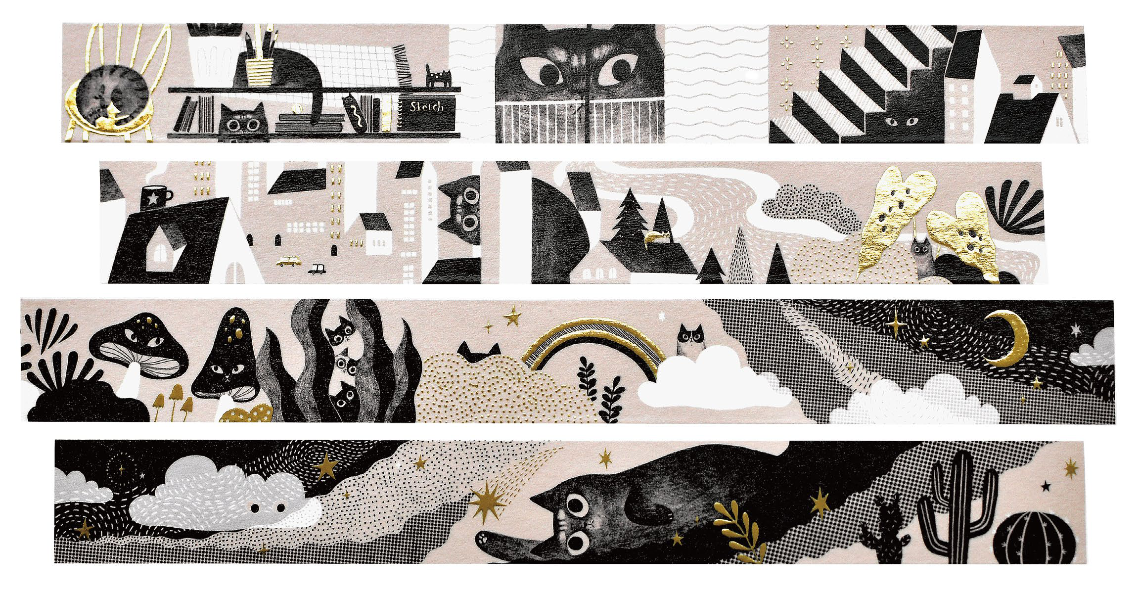Sesame & Peanut Hide-and-Seek Cats Gold Foil Washi Tape – 3cm × 10M