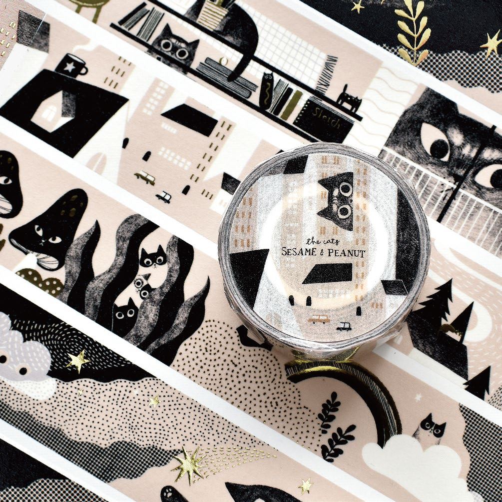 Sesame & Peanut Hide-and-Seek Cats Gold Foil Washi Tape – 3cm × 10M