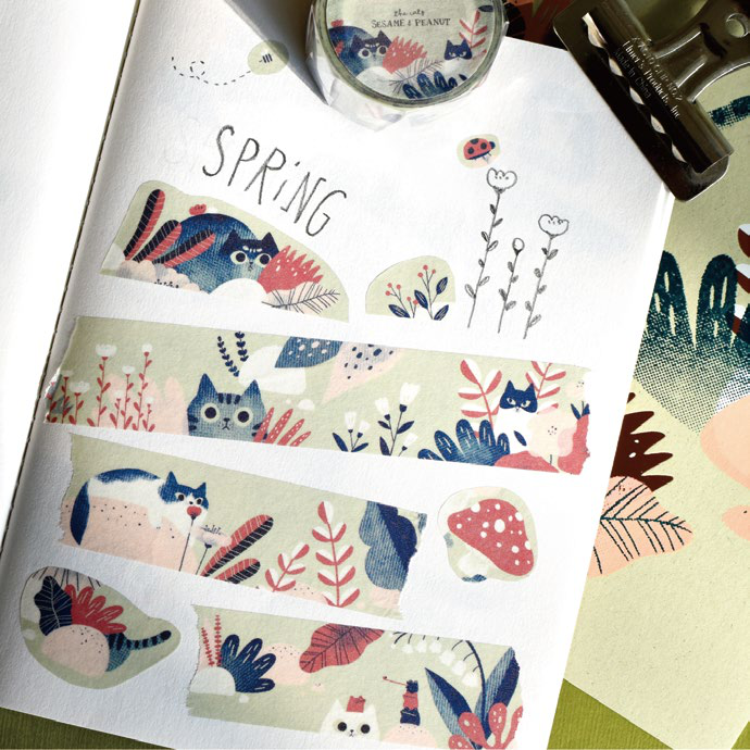 Sesame & Peanut Cats Everywhere Spring Washi Tape – 2.5cm × 10M