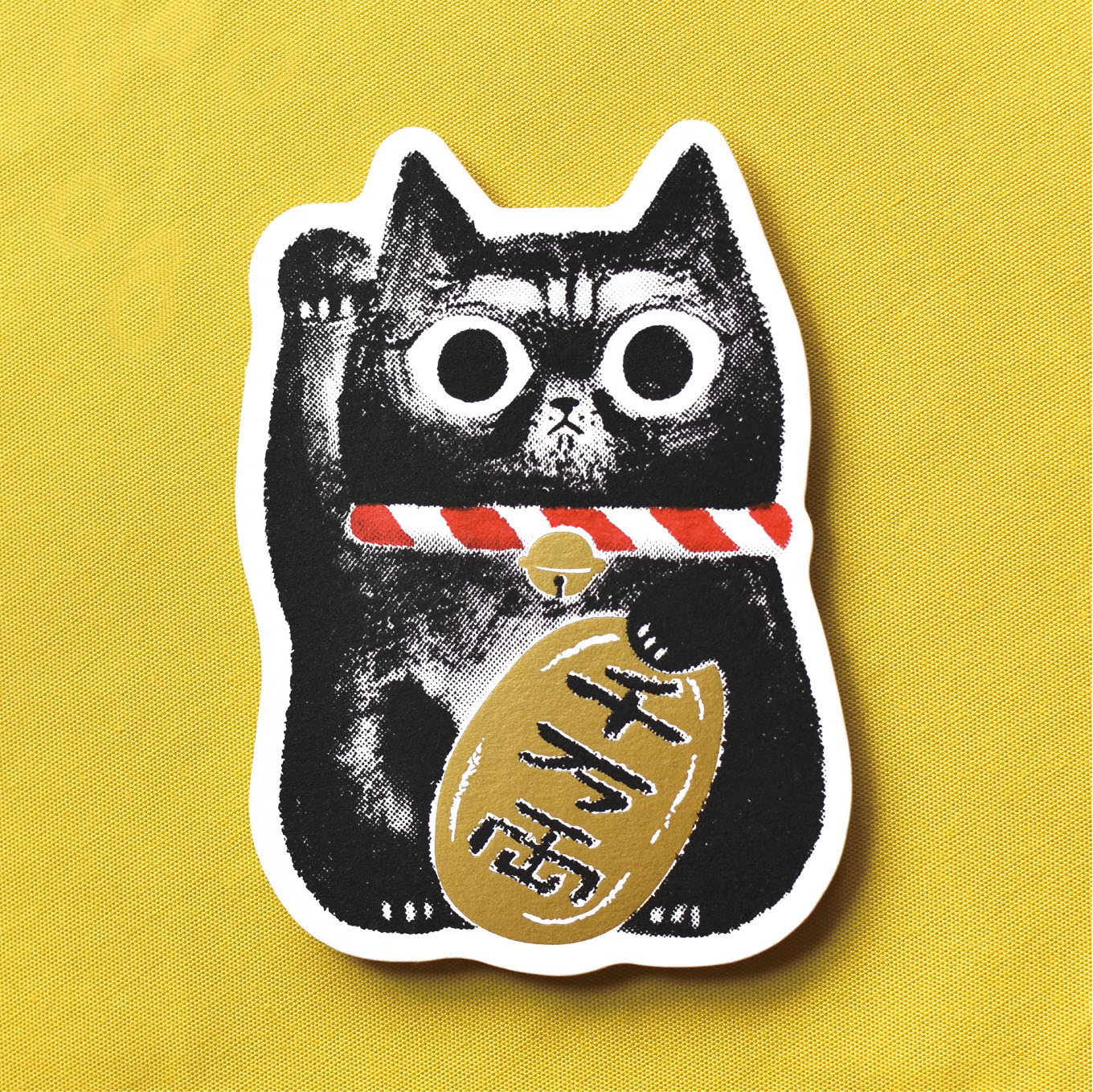 Sesame & Peanut Sesame Lucky Cat Postcard – Hand Silkscreen + Gold Foil Maneki Neko